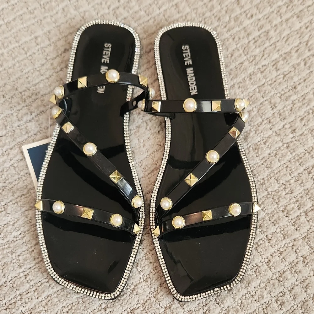 Steve Madden Black and Gold Sandals with Studded Straps - Picture 1 of 4
